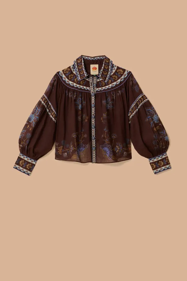 Brown Embroidered Garden Blouse Women FARM Rio Blouses Brown Embroidered Garden Blouse Women FARM Rio Blouses