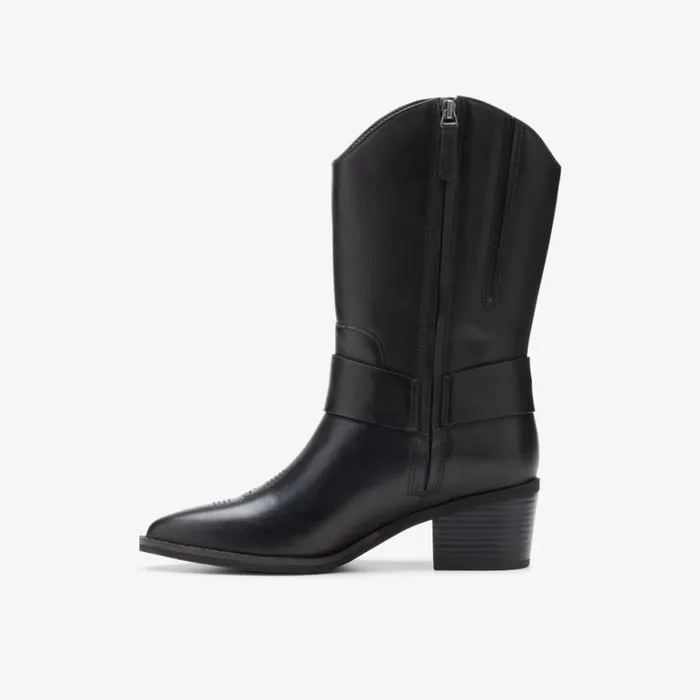 Clarks Morzine Rise Black Leather Mid Calf Boots Black Leather Women Black Boots