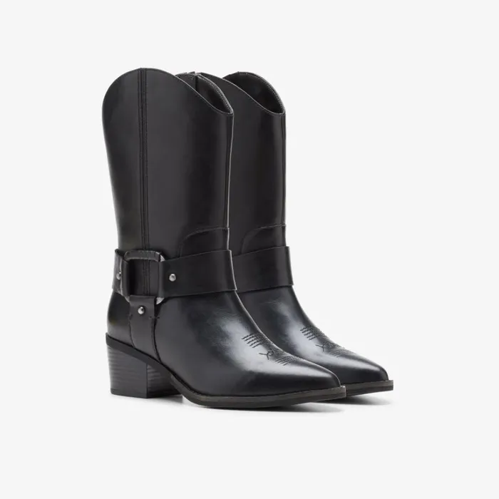 Clarks Morzine Rise Black Leather Mid Calf Boots Black Leather Women Black Boots