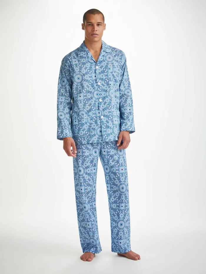 Cotton Pajamas Men Derek Rose Classic Fit Pajamas Ledbury 69 Cotton Batiste Blue
