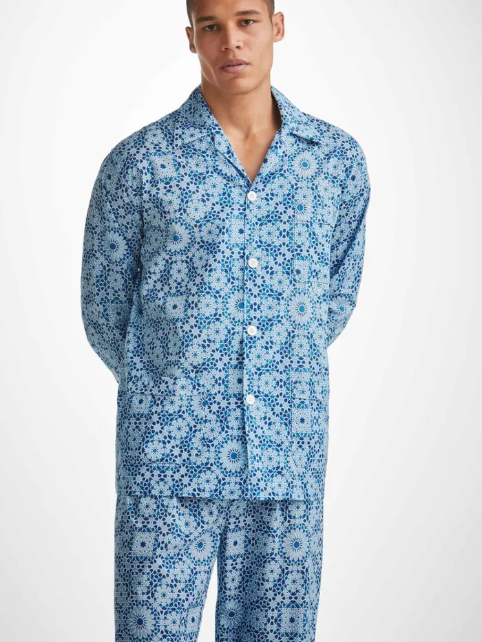 Cotton Pajamas Men Derek Rose Classic Fit Pajamas Ledbury 69 Cotton Batiste Blue