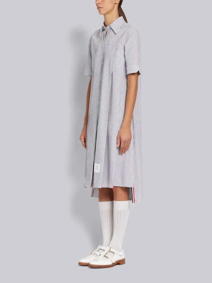 Cotton Seersucker Combo Inverted Pleat Below Knee Short Sleeve Shirtdress Navy Women Thom Browne Dresses