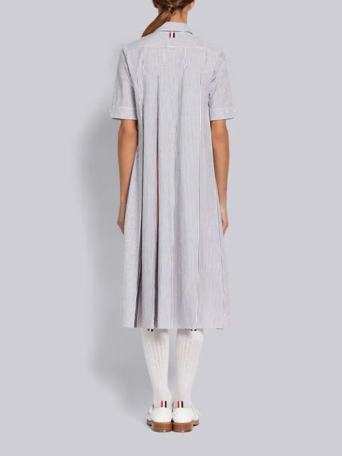 Cotton Seersucker Combo Inverted Pleat Below Knee Short Sleeve Shirtdress Navy Women Thom Browne Dresses