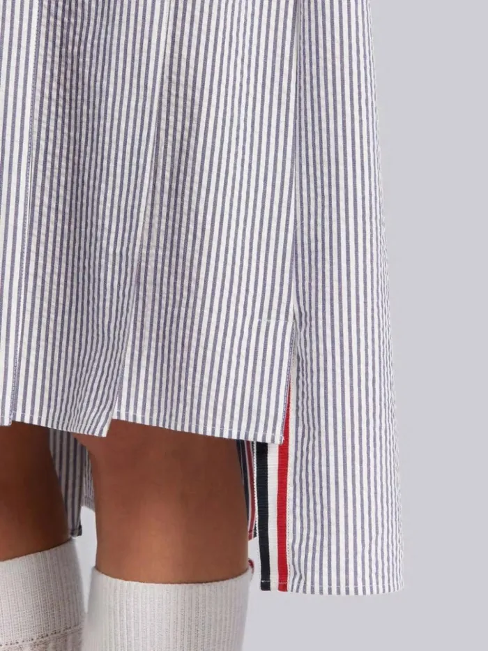 Cotton Seersucker Combo Inverted Pleat Below Knee Short Sleeve Shirtdress Navy Women Thom Browne Dresses
