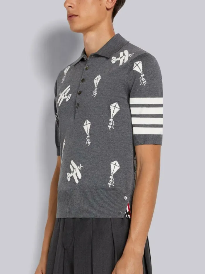 Fine Merino Wool Half Drop Sky Icons 4bar Relaxed Fit Polo Medium Grey Men Thom Browne Tshirts and Polos