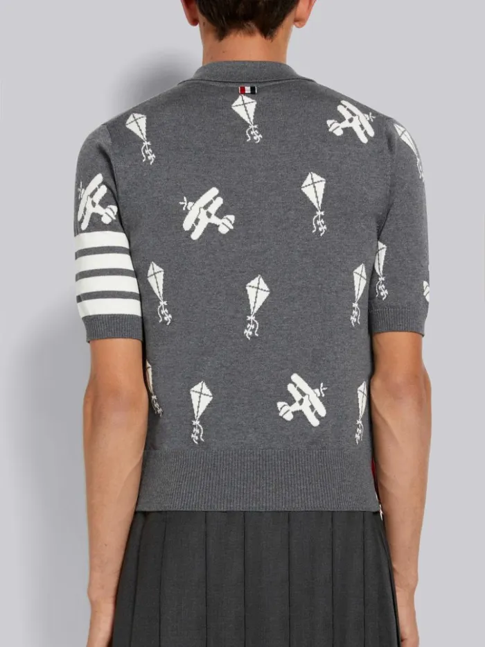 Fine Merino Wool Half Drop Sky Icons 4bar Relaxed Fit Polo Medium Grey Men Thom Browne Tshirts and Polos