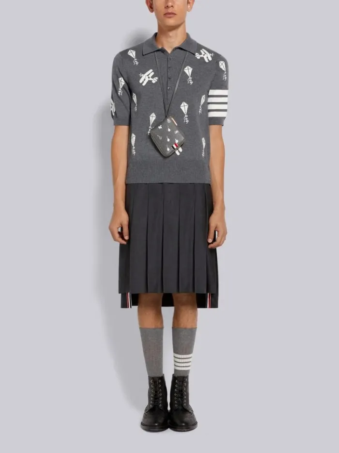 Fine Merino Wool Half Drop Sky Icons 4bar Relaxed Fit Polo Medium Grey Men Thom Browne Tshirts and Polos