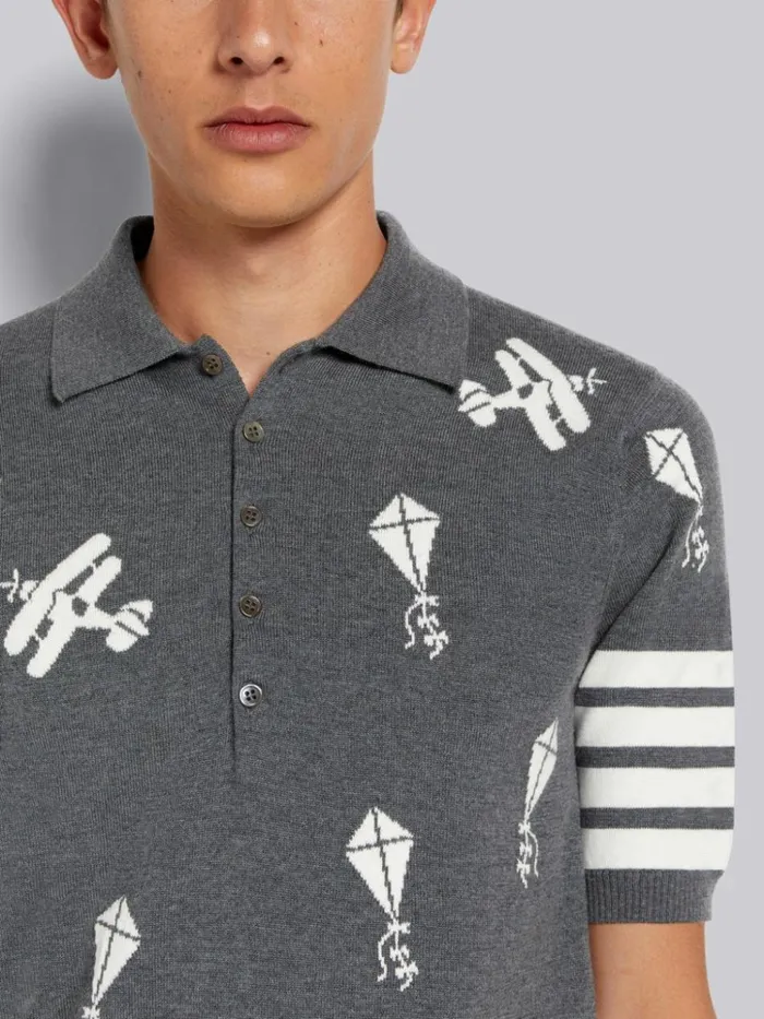 Fine Merino Wool Half Drop Sky Icons 4bar Relaxed Fit Polo Medium Grey Men Thom Browne Tshirts and Polos