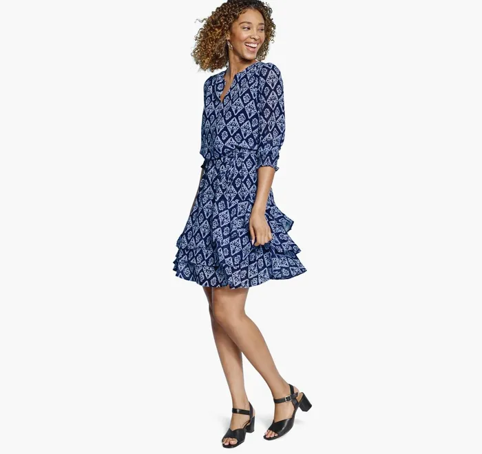 JohnstonandMurphy Dresses and Jumpsuits Tiered VNeck Print Dress Navy Ikat 8211 Women JohnstonandMurphy Dresses and Jumpsuits Tiered VNeck Print Dress Navy Ikat 8211 Women