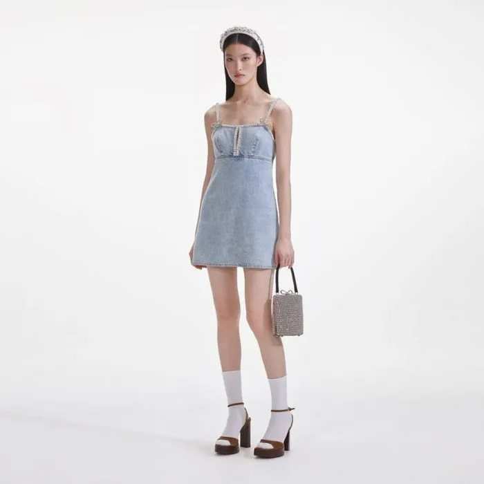 Self Portrait Denim Light Blue Denim Pearl Mini Dress 8211 Women