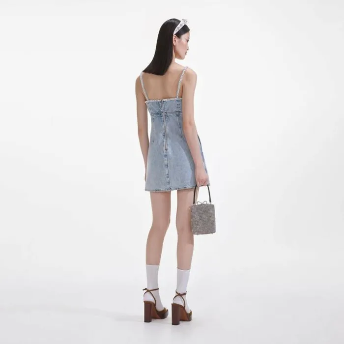 Self Portrait Denim Light Blue Denim Pearl Mini Dress 8211 Women