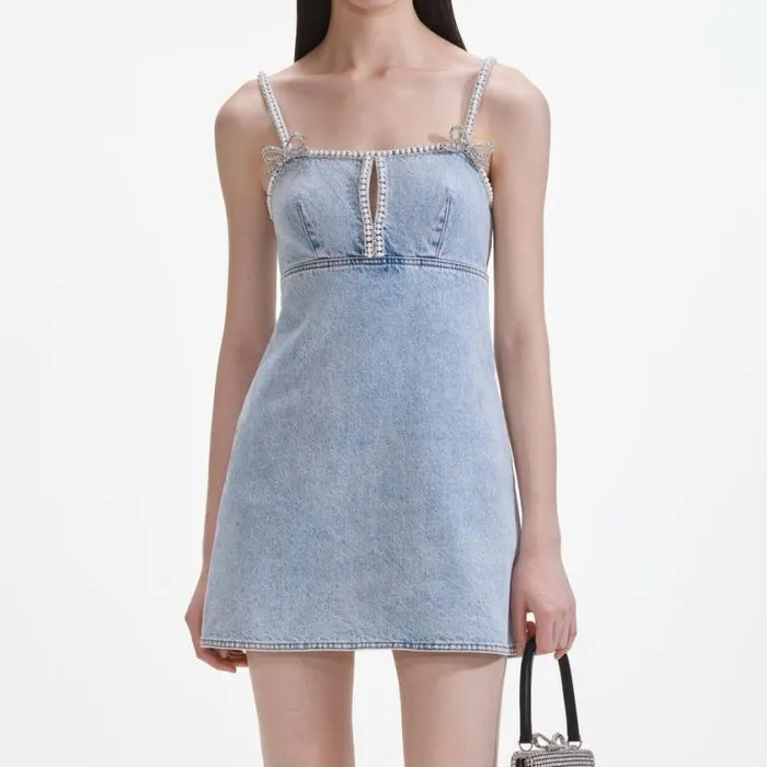 Self Portrait Denim Light Blue Denim Pearl Mini Dress 8211 Women