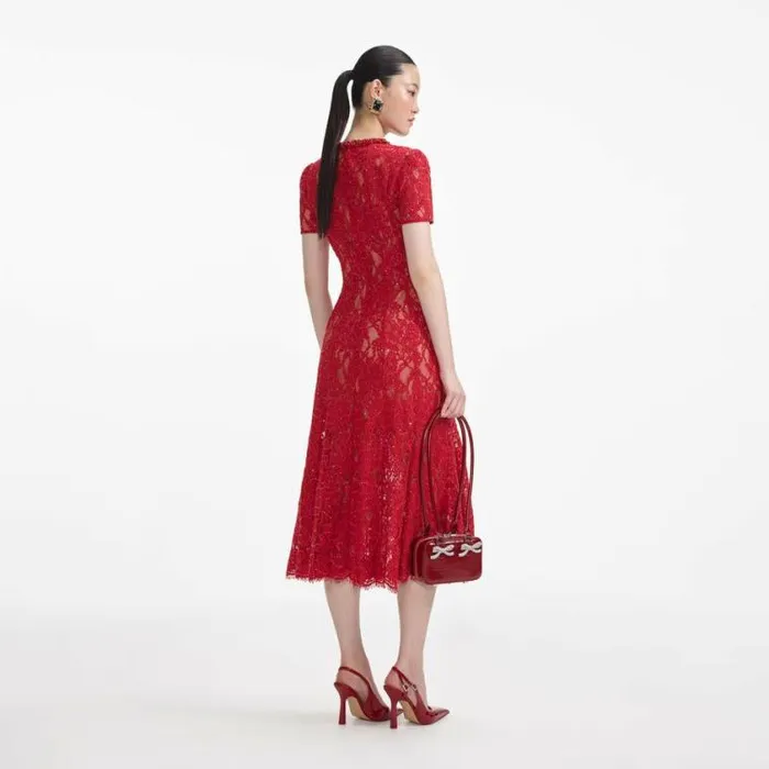 Self Portrait Exclusives Red Sequin Lace Midi Dress 8211 Women
