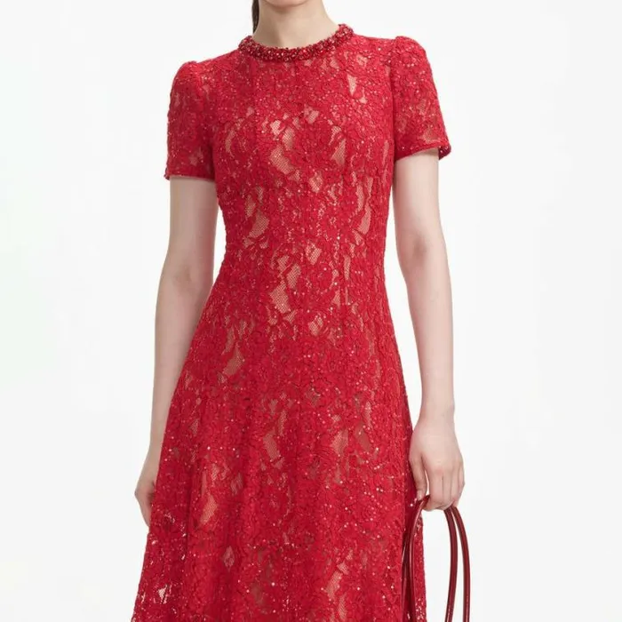 Self Portrait Exclusives Red Sequin Lace Midi Dress 8211 Women