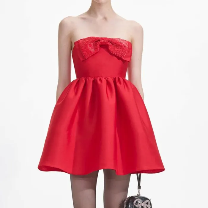 Self Portrait Exclusives Red Taffeta Bandeau Mini Dress 8211 Women