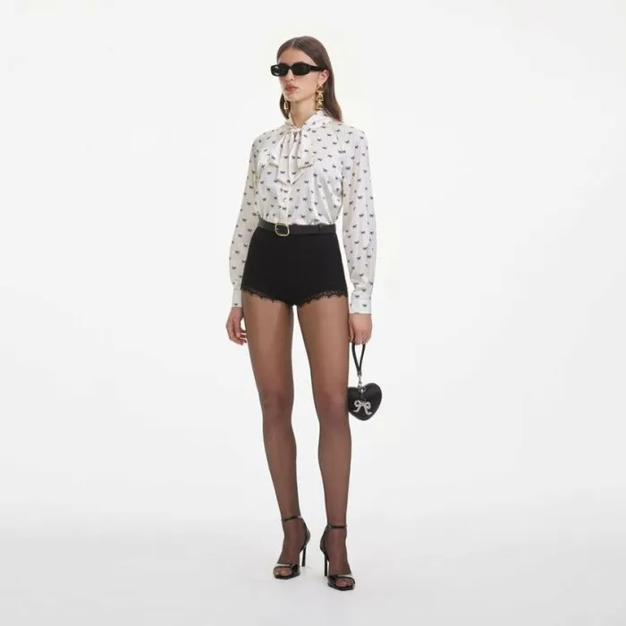 Self Portrait Tops Cream Satin Bow Print Blouse 8211 Women