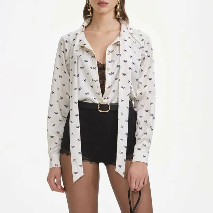 Self Portrait Tops Cream Satin Bow Print Blouse 8211 Women