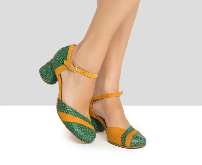 Women Medium Heel Audley Shoes Medium Heel Leather Shoe Hiba Green