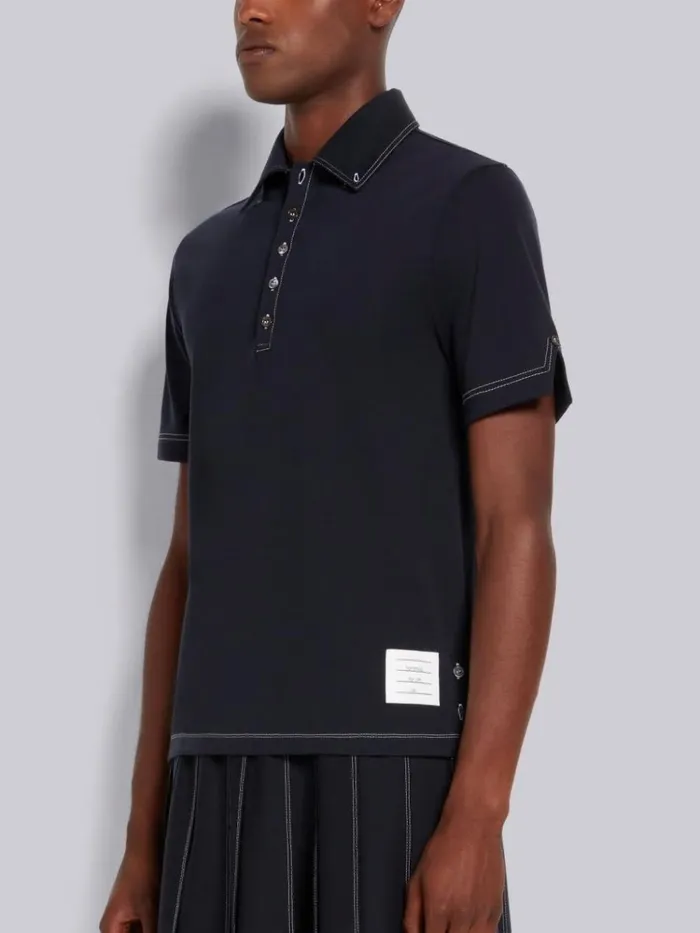 Wool Tech Milano Contrast Stitch Polo Navy Men Thom Browne Tshirts and Polos