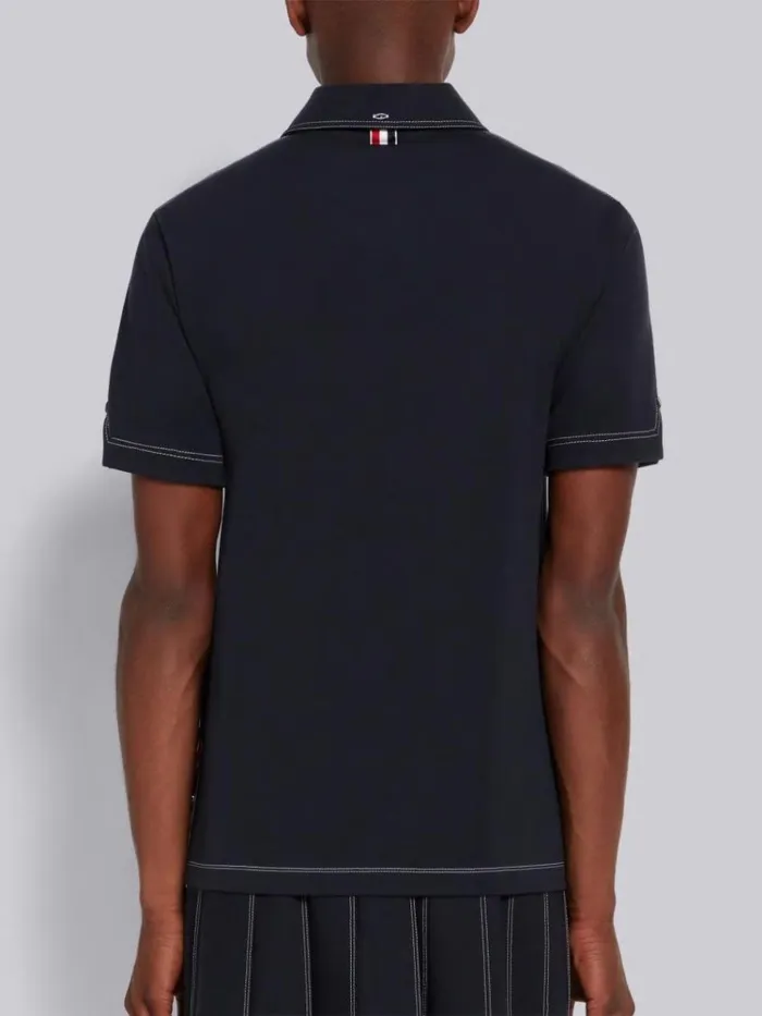Wool Tech Milano Contrast Stitch Polo Navy Men Thom Browne Tshirts and Polos