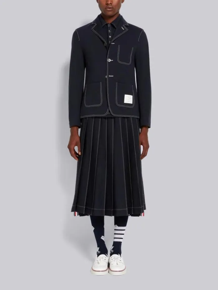 Wool Tech Milano Contrast Stitch Polo Navy Men Thom Browne Tshirts and Polos