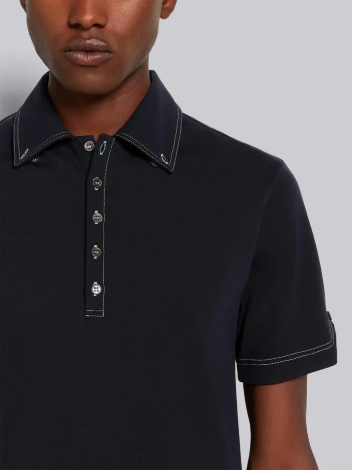 Wool Tech Milano Contrast Stitch Polo Navy Men Thom Browne Tshirts and Polos